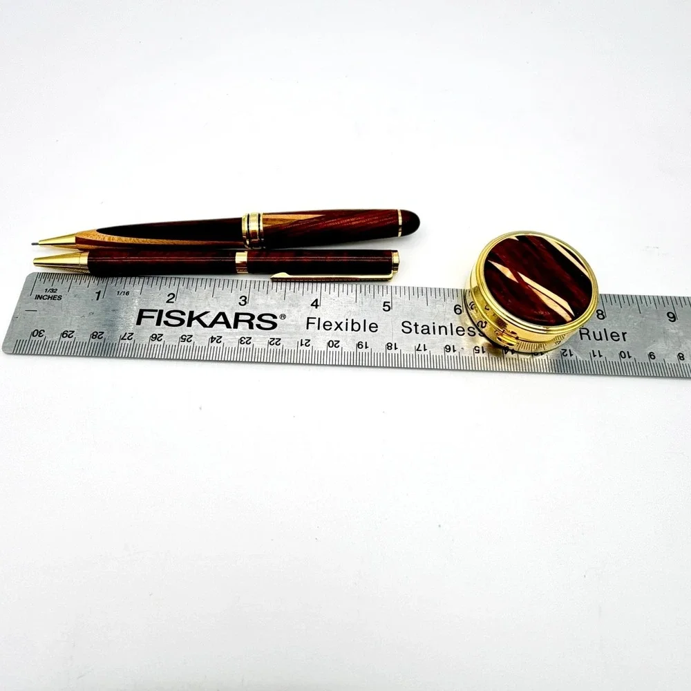 Davin‎ Kesler Wood Pen Pencil Pillbox Set Vintage Inlay Gold-Tone West Germany